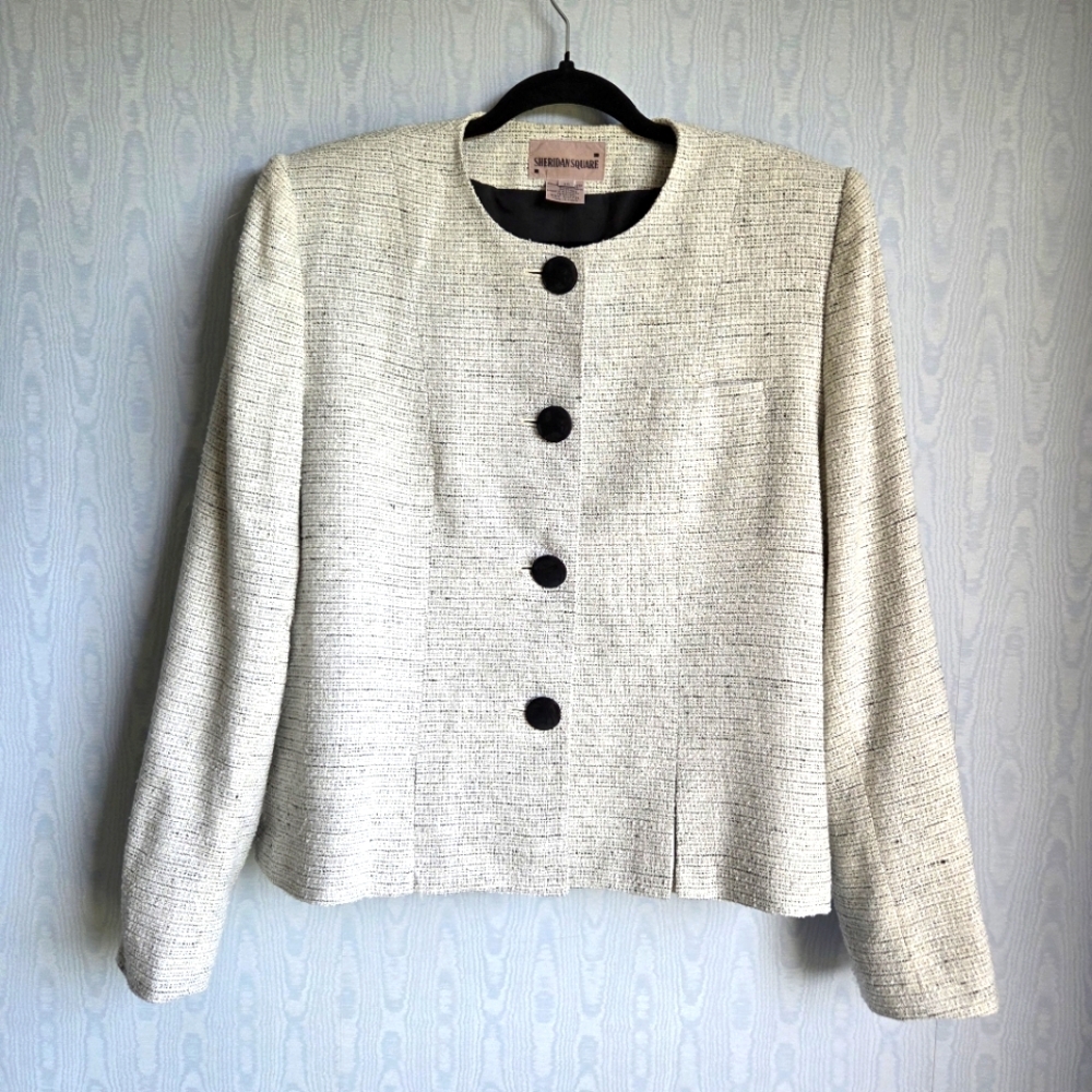 Vintage Sheridan Blazer Women‎ 14 Ivory Black Tweed Jacket Career Button Down